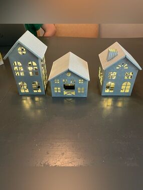 Set of 3 Metal House or barns rustic country chic - Gray with Warm Interior Glow